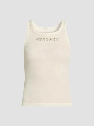 Versace Women's La Vacanza Crystal Logo Rib-knit Tank In White