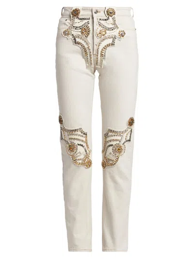 Versace Women's La Vacanza Embellished Applique Slim Jeans In White