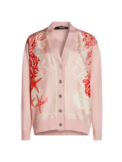 Versace Women's La Vacanza Graphic Wool & Silk-blend Cardigan In Dusty Rose Coral