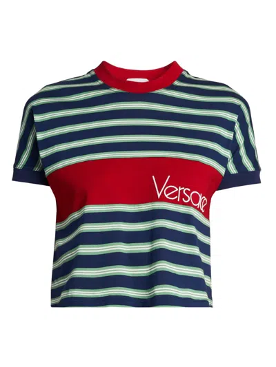 Versace Logo-embroidered Striped Cotton-jersey T-shirt In Black