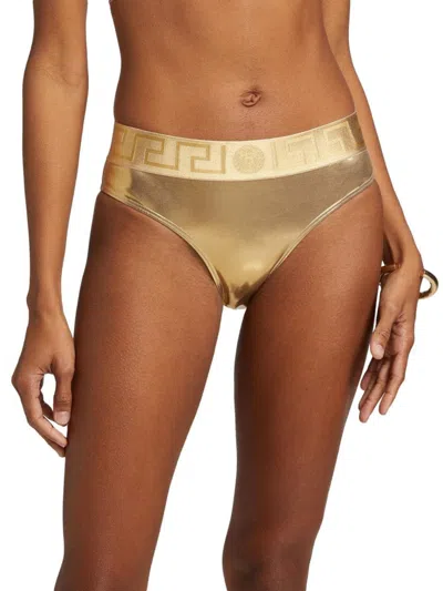 Versace Women's Laminated Bikini Bottom In Gold