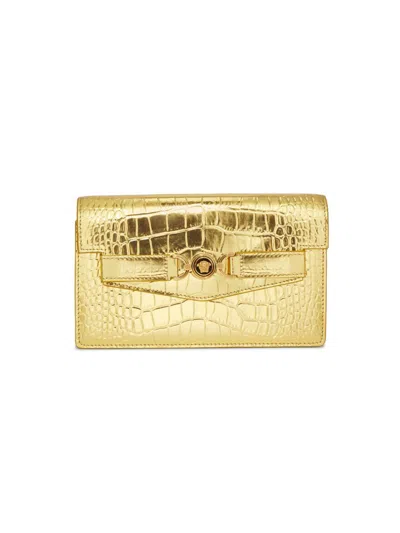 Versace Women's Laminated Croc-embossed Leather Chain Wallet In Gold