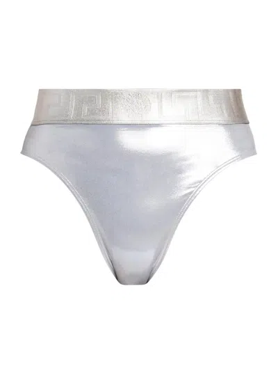 Versace Women's Laminated Metallic High-waisted Bikini Bottom In White