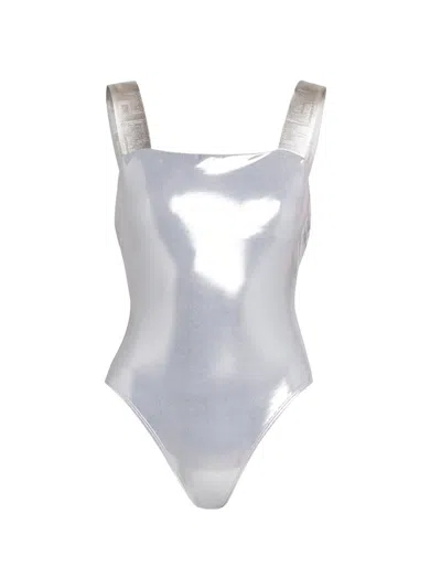 Versace Women's Laminated Metallic One-piece Swimsuit In Silver