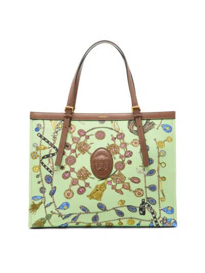 Versace Women's Large Broken-jewel Medusa Cotton Canvas Tote Bag In Green