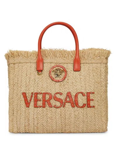 Versace Women's Large La Medusa Straw & Leather Tote Bag In Naturale Coral