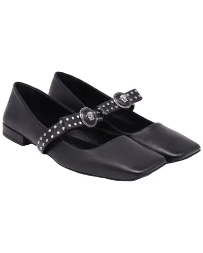 Versace Women's Leather Gianni Ribbon Studded Ballet Flats In Black Leather  (authentic Pre-loved)