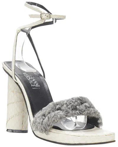 Pre-owned Versace Women's Leather Gianni  White Grey Shearling Ankle Strap Cone  Heel Sandal (authentic
