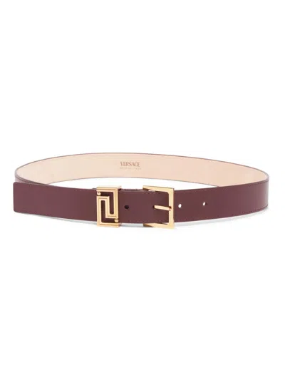 Versace Women's Leather Greek Key Logo Belt In Brown