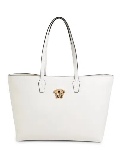 Versace Women's Leather Logo Tote In Optical White