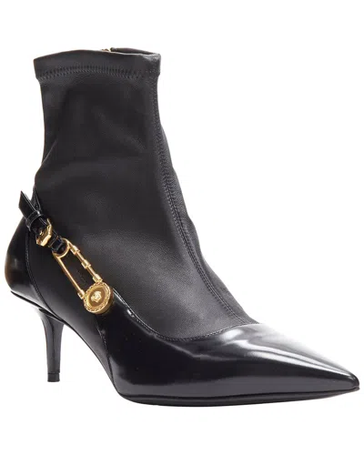 Pre-owned Versace Women's Leather Medusa Punk Safety Pin Leather Kitten Heel Bootie  (authentic Pre-loved)