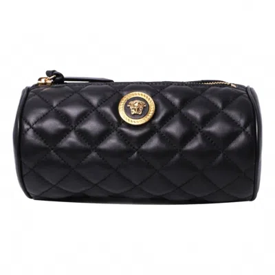 Versace Women's Leather Medusa Quilted Cosmetic Pouch Bag In Black