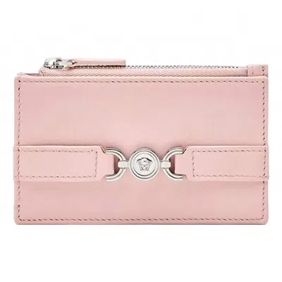 Versace Women's Leather Zipper Card Holder Slim Wallet In Dusty Pink