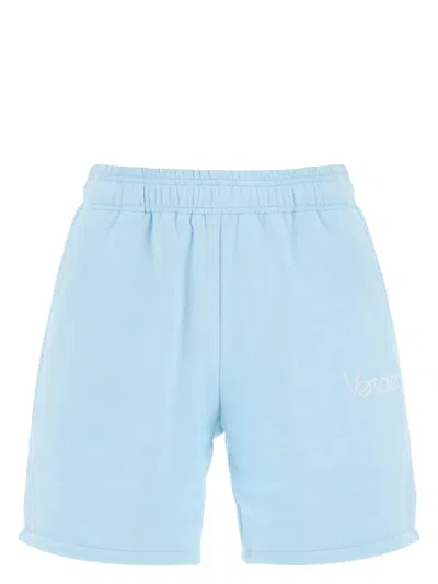 Versace Logo Print Cotton Shorts In Blue