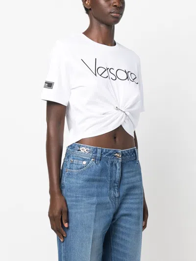 Versace Safety-pin Logo Embroidered Crop T-shirt In White