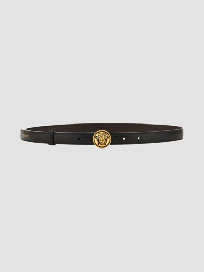 Versace Women's Logo Leather Belt In Black Gold
