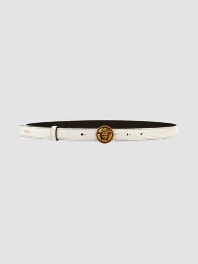 Versace Women's Logo Leather Belt In White Gold