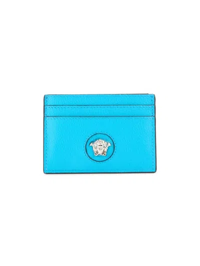 Versace Women's Logo Leather Card Case In Blue