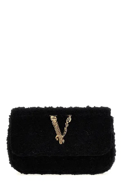 Versace Women Logo Tweed Crossbody Bag In Black