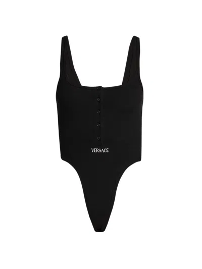 Versace Women's Logo-embroidered Ribbed Tank Bodysuit In Black