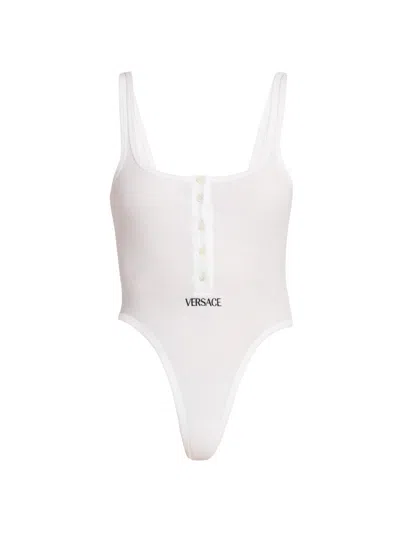 Versace Women's Logo-embroidered Ribbed Tank Bodysuit In White
