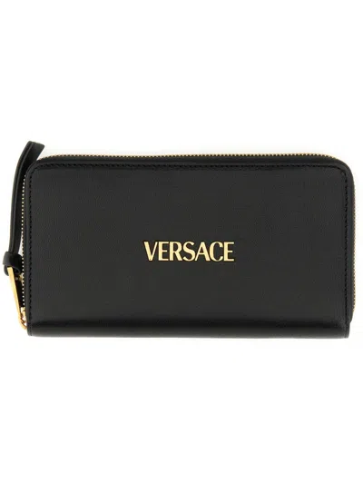 Versace Women Long Wallet With Logo In Black