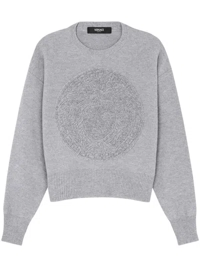 Versace Grey Crewneck Medusa Sweater In Black