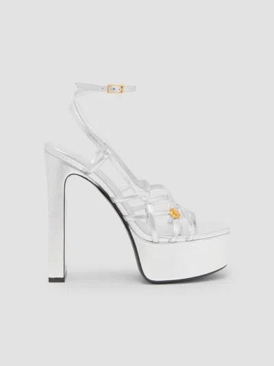 Versace 140mm Medusa Metallic Leather Platform Sandals In Silver