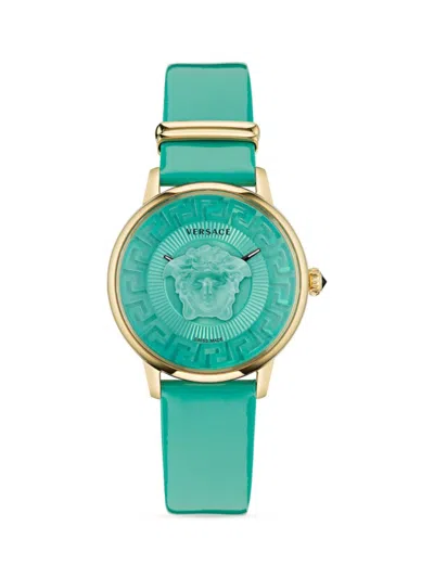 Versace Women's Medusa Alchemy 38mm Ip Goldtone Stainless Steel & Leather Watch In Turquoise