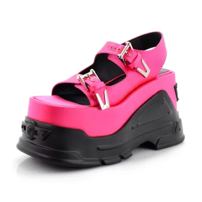 Versace Anthem Tropical Satin Platform Chunky Sandals In Pink