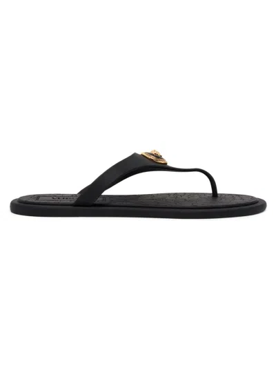 Versace Flat Sole Open Toe Sandals With Medusa Motif In Black