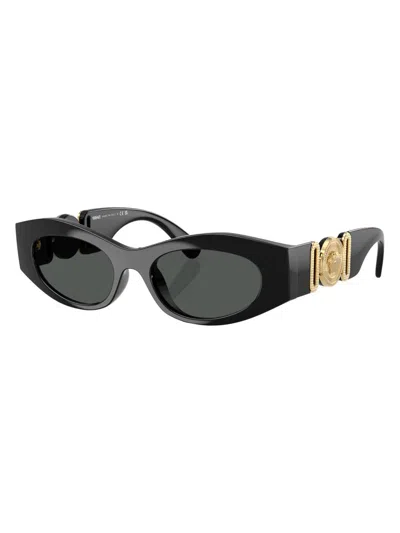 Versace 0ve4480u Elongated Oval Sunglasses With Gold Medallion Accents In Black