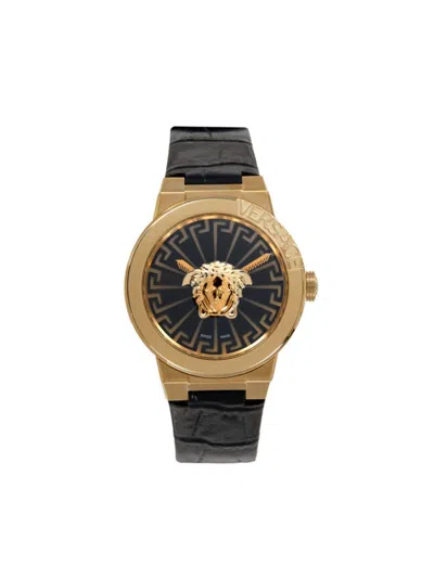 Versace Women's Medusa Infinite Ip Yellow Gold Stainless Steel & Leather Strap Watch In Black