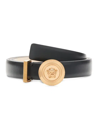 Versace Women's Medusa Slide Buckle Leather Belt In Black Gold