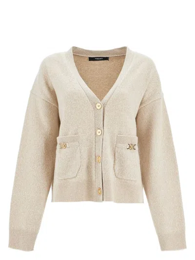 VERSACE WOMEN'S MELANGE BEIGE WOOL BLEND CARDIGAN