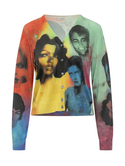 Versace Multicolor Printed V Neck Cardigan