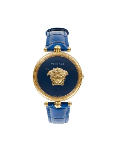 Versace Women's Palazzo Empire 39mm Ip Yellow Goldtone Stainless Steel & Leather Strap Watch In Blue