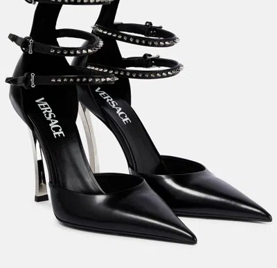 VERSACE WOMEN PIN POINT LEATHER ANKLE STRAP PUMPS IN BLACK