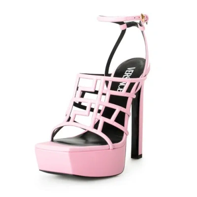 Pre-owned Versace Women's Pink High Heel Platform Leather Sandals Pumps Shoes