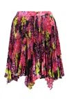 Versace Multicolor Asymmetric Pleated Mini-skirt With Logo Orchid Print In Polyester Woman In Multicolor