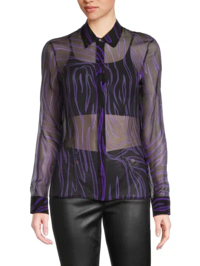 Versace Ladies Allover Long-sleeve Sheer Silk Shirt In Purple