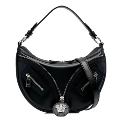 VERSACE WOMEN'S REPEAT LA MEDUSA SMALL HOBO SHOULDER BAG IN BLACK CALFSKIN LEATHER