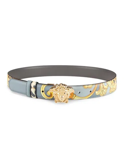 Versace Women's Reversible Cheetah Foulard Leather Belt In Blue