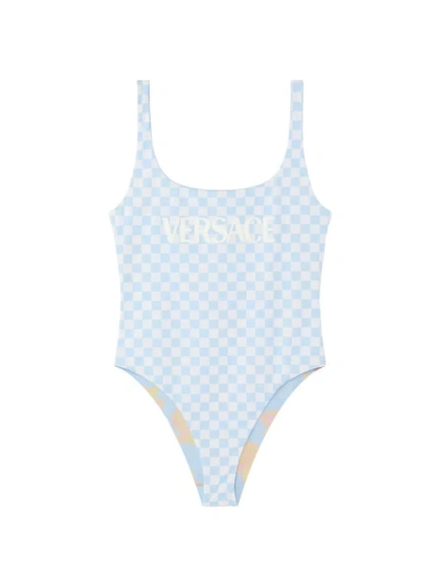 Versace Contrasto Reversible One-piece Swimsuit In Pastel Blue White