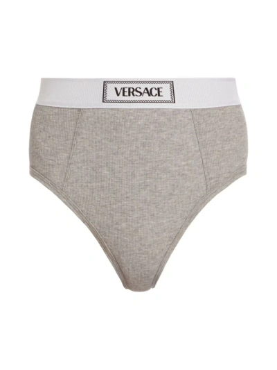 Versace Women's Ribbed Logo Brief In Grey Melanges