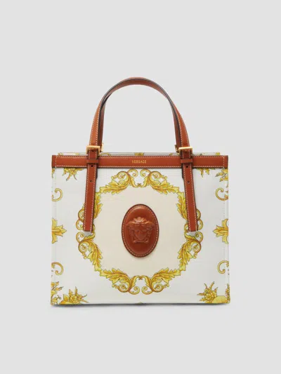 Versace Women's Rivière Small Printed Cotton Canvas Book Tote Bag In Leather Multicolor Gold