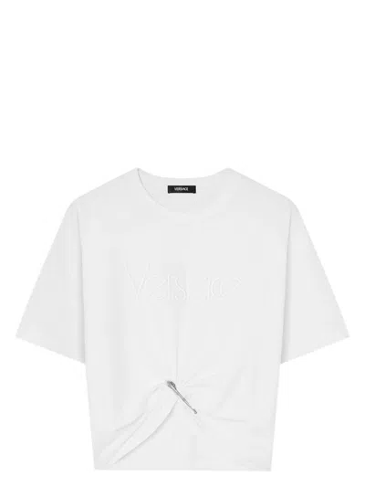 Versace Women's Safety Pin Cropped T-shirt In White