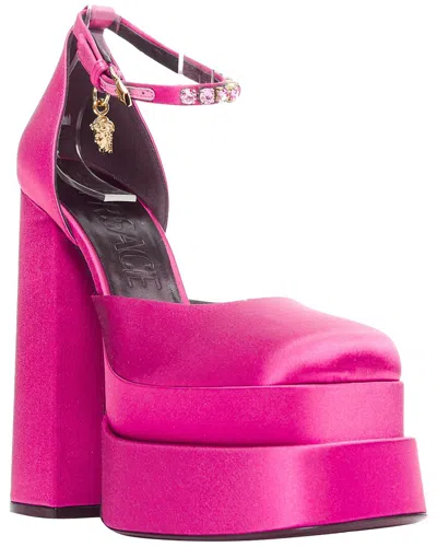 Pre-owned Versace Women's Satin Pink Satin Crystal Medusa Platform (authentic Pre-loved)