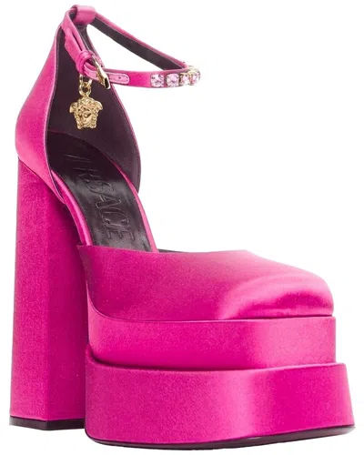 Pre-owned Versace Women's Satin Runway Aevitas 155 Fuchsia Pink Satin Gold Crystal  Medusa Platform (authentic