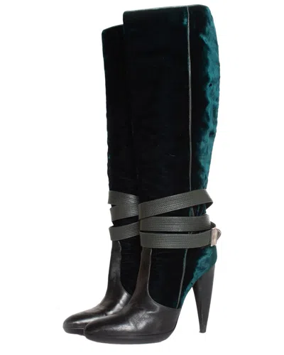 Pre-owned Versace Women's Sheep Leather Velvet Strap Boot (authentic Pre-loved) In Black